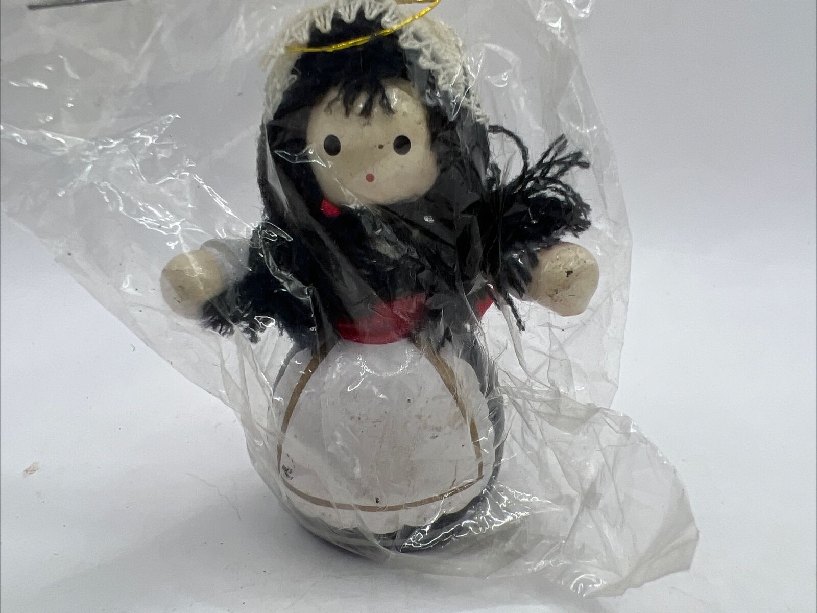 HAND PAINTED WOODEN CHRISTMAS ORNAMENT MAIDEN GIRL BLACK HAIR 2.5\