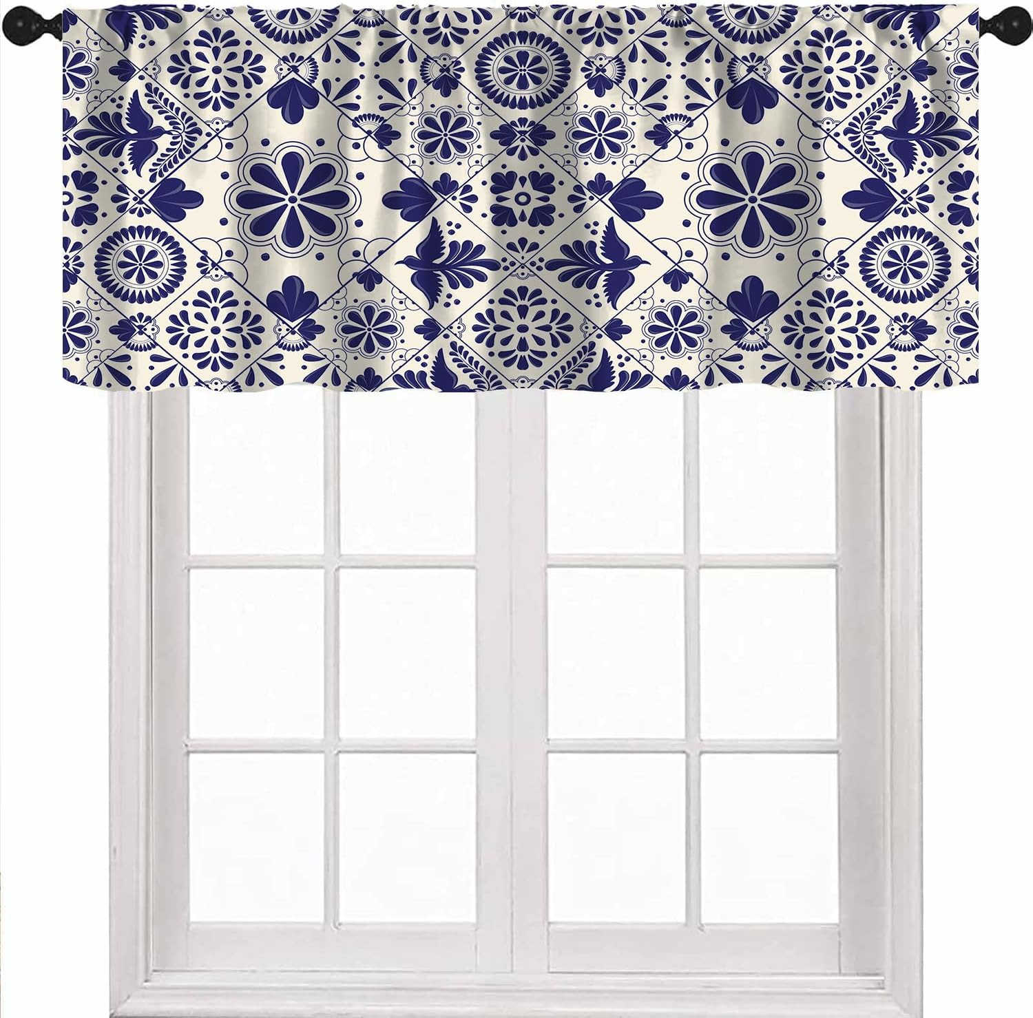 Mexican Talavera Valance Curtains, Retro Traditional Mexico Floral Bird Folk Art