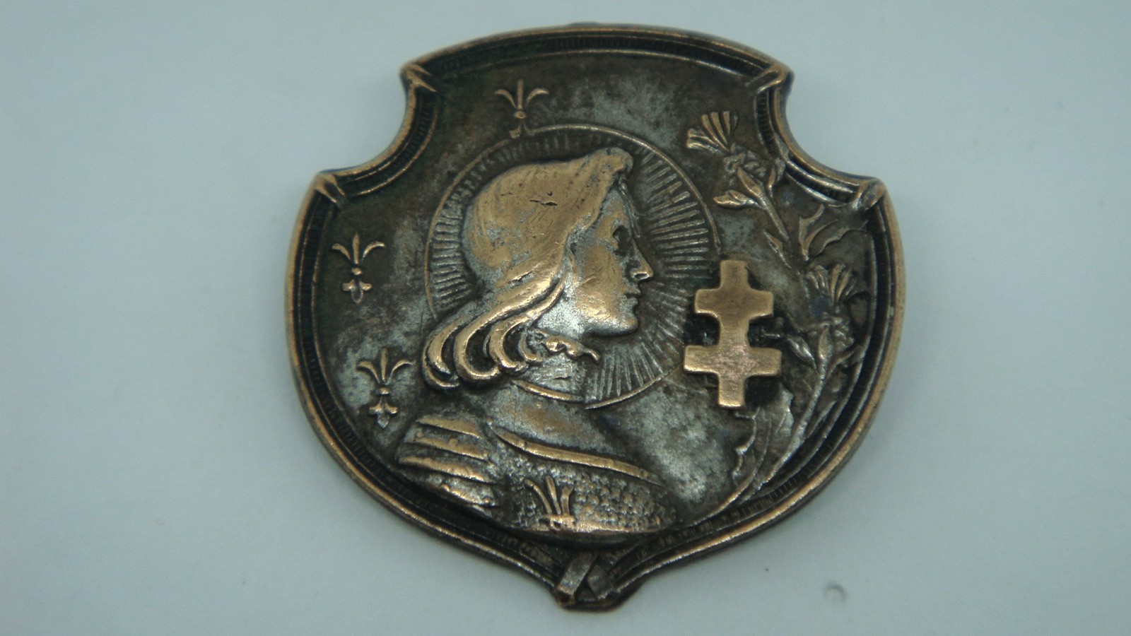 ANTIQUE FRENCH ST. JOAN OF ARC AND CROSS OF LORRAINE PIN