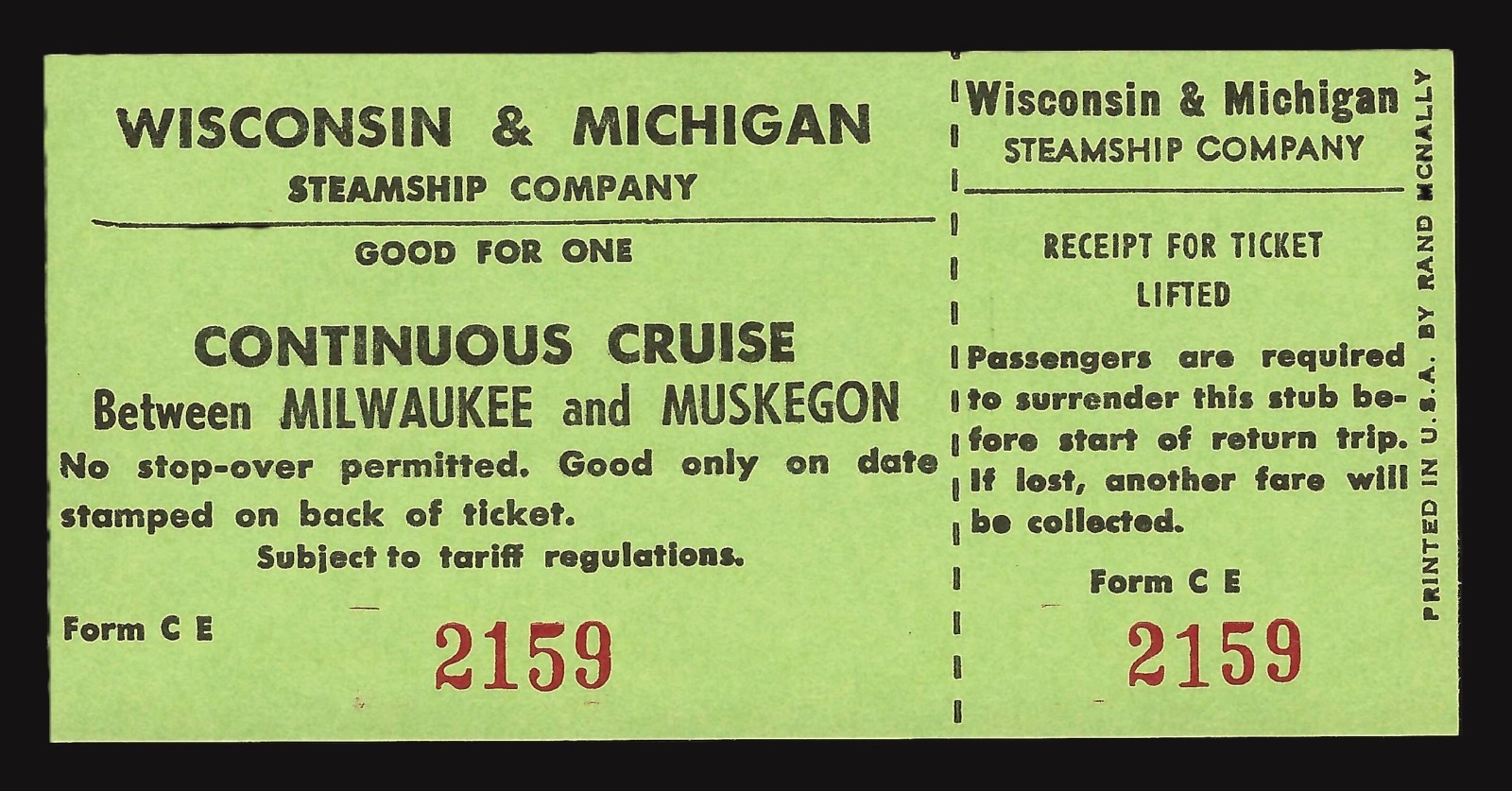 Unused Ticket For The SS Milwaukee Clipper - Wisconsin & Michigan Steamship Co.