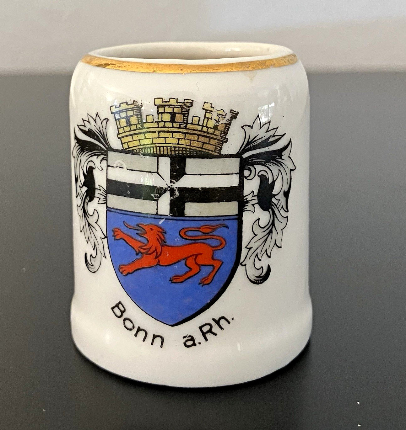 German Breweriana Miniature Gold Rim Beer Mug with Bonn a.Rh. Coat of Arms Crest
