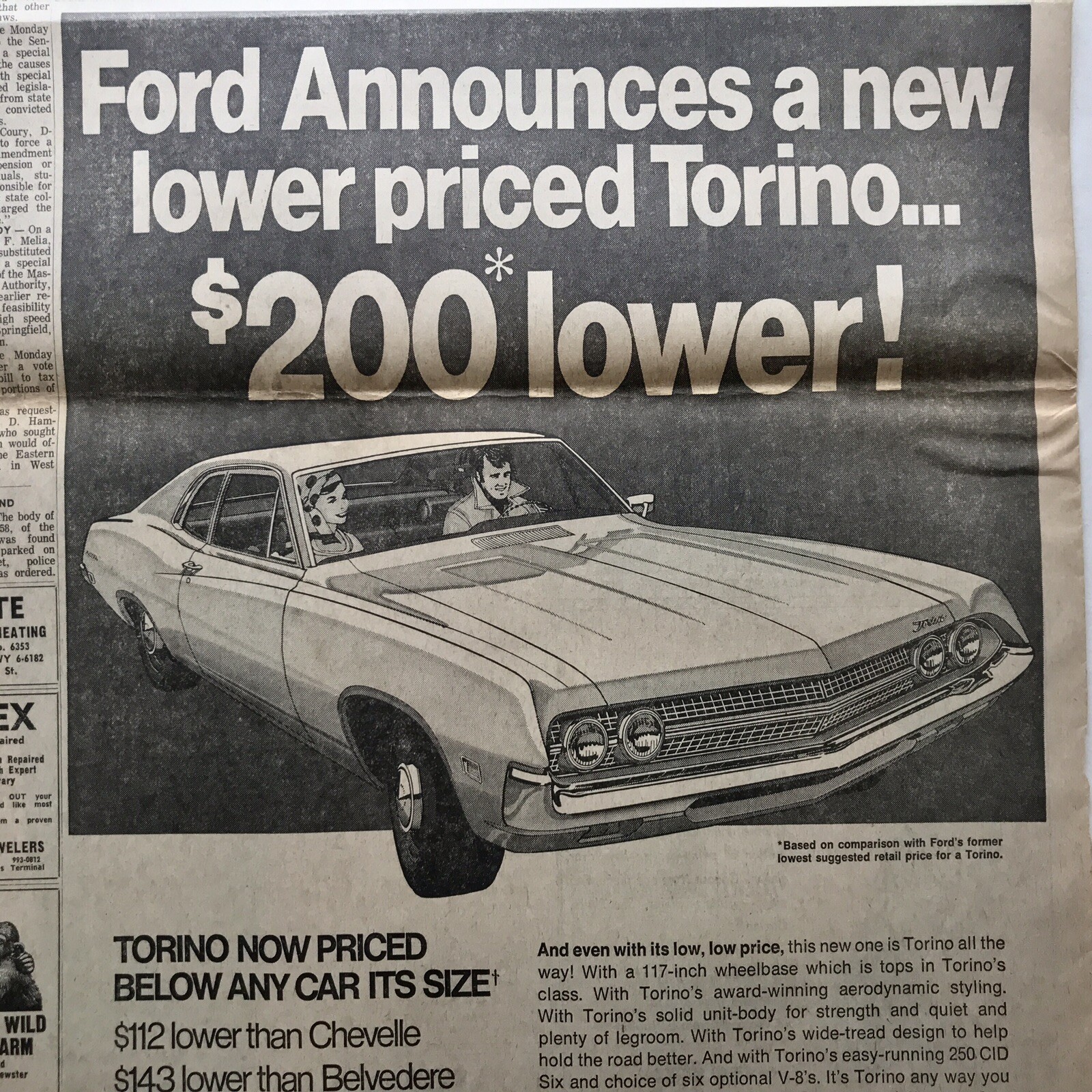 Vintage 1970 Ford Torino Newsprint Ad 250 CID Six - Motor Trend Car Of The Year