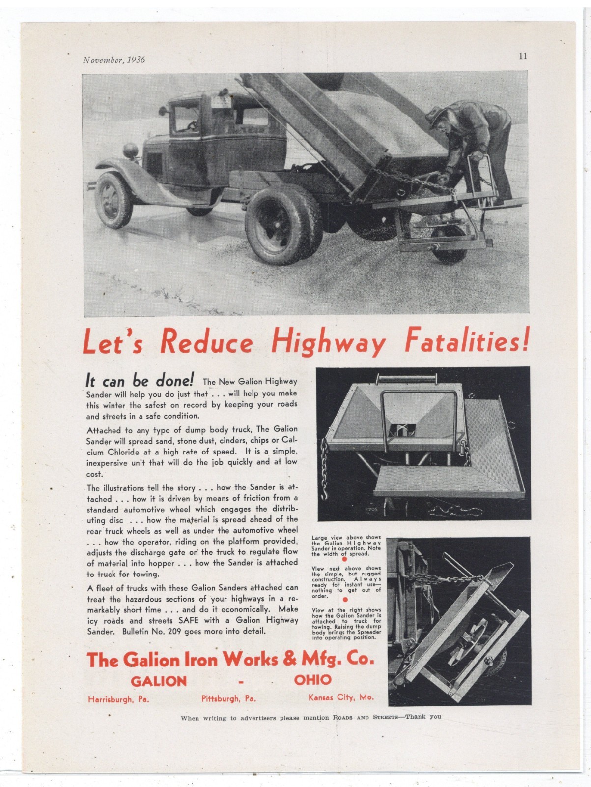 1936 Galion Iron Works of OhiO Ad: Highway SANDER Dump Body Closeup Pictures