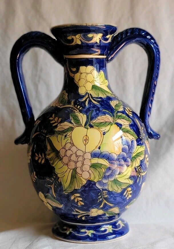 Beautiful Vintage Blue Fruit Floral Porcelain Vase Jug Three Hands Corp 2 Handle