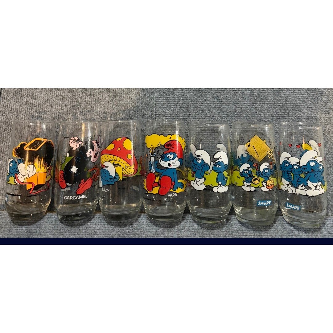 Vintage 1982 1983 Smurfs Glasses Lot Hardee's Wallace Berrie Peyo Set of 7