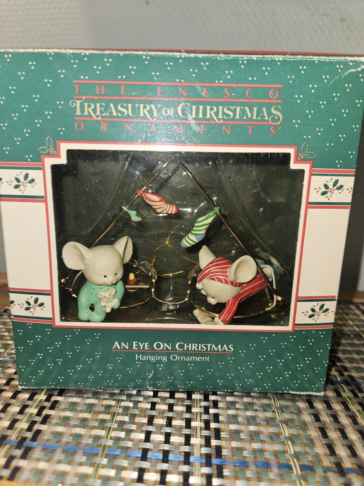 VTG 1988 Enesco Treasury An Eye On Christmas Mouse Glasses Ornament in Box