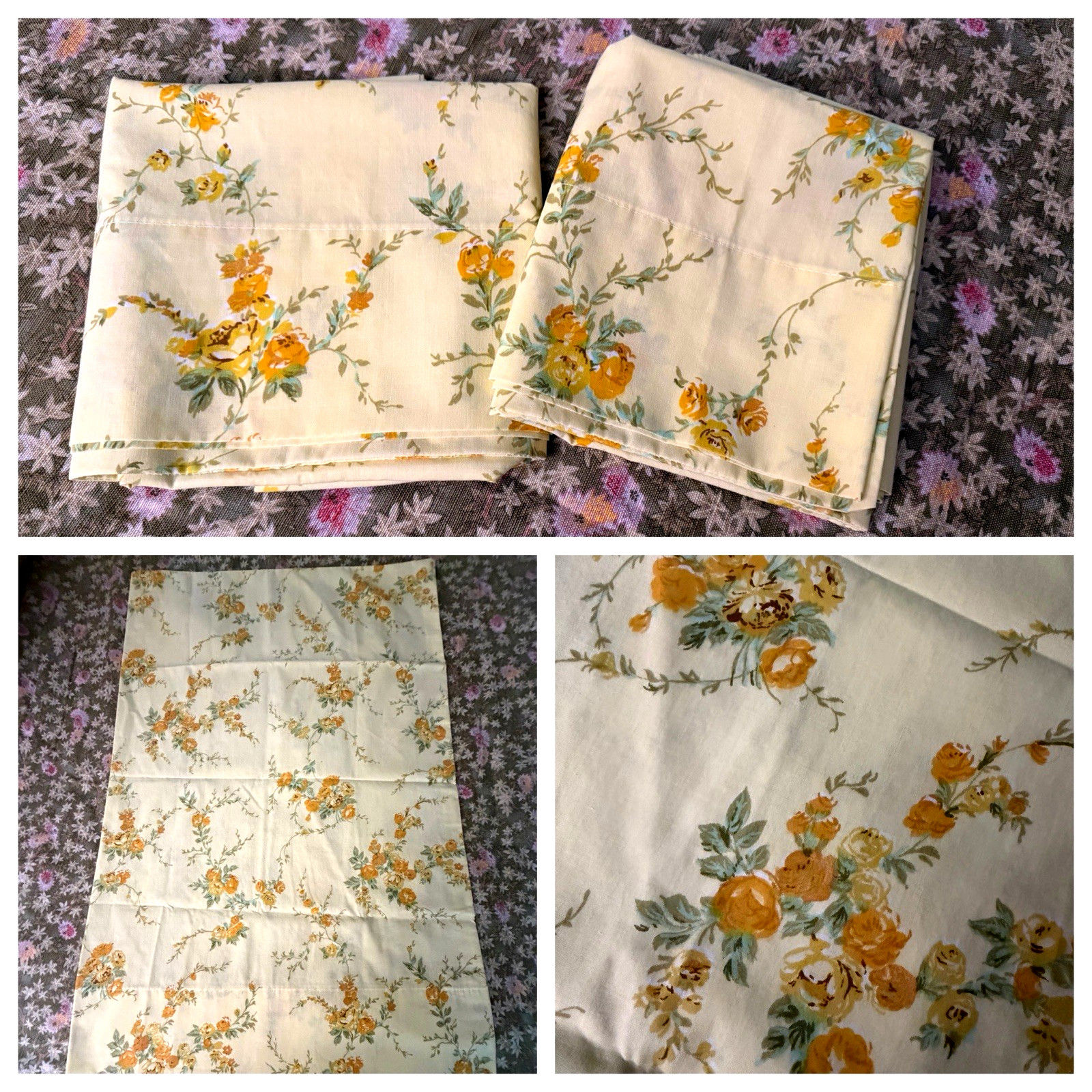 VTG SEARS GOLDEN ROSEBUD FLORAL COTTON BLEND STANDARD SIZE PILLOWCASE SET ~2