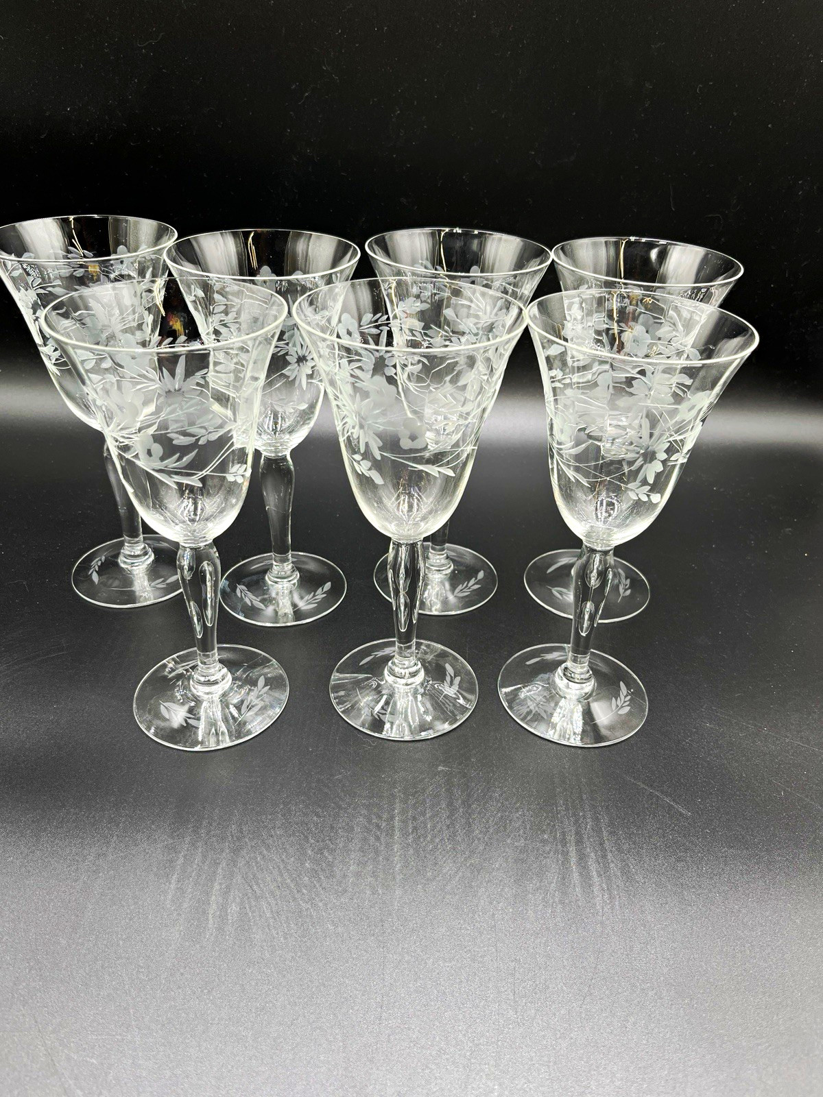 Vintage Gorham Etched Floral Crystal Water Wine Goblets 7.5” Set of 7