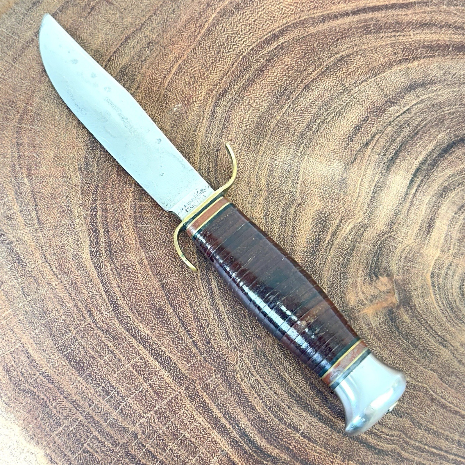 Vintage JA Hellberg Eskilstuna Sweden Fixed Blade Knife Stacked Leather Handle