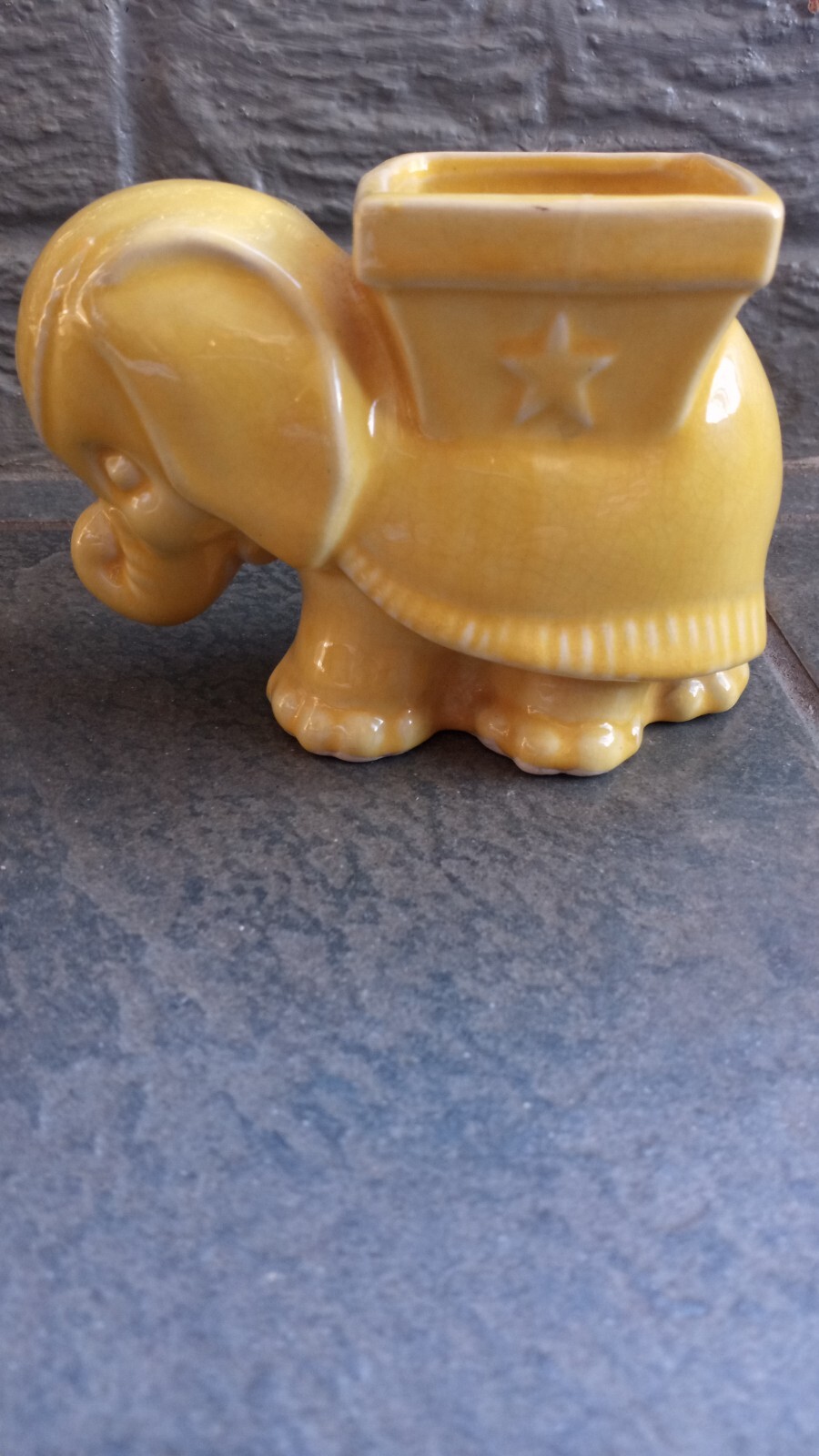 Vtg Elephant Planter Figurine Pottery Yellow 4\