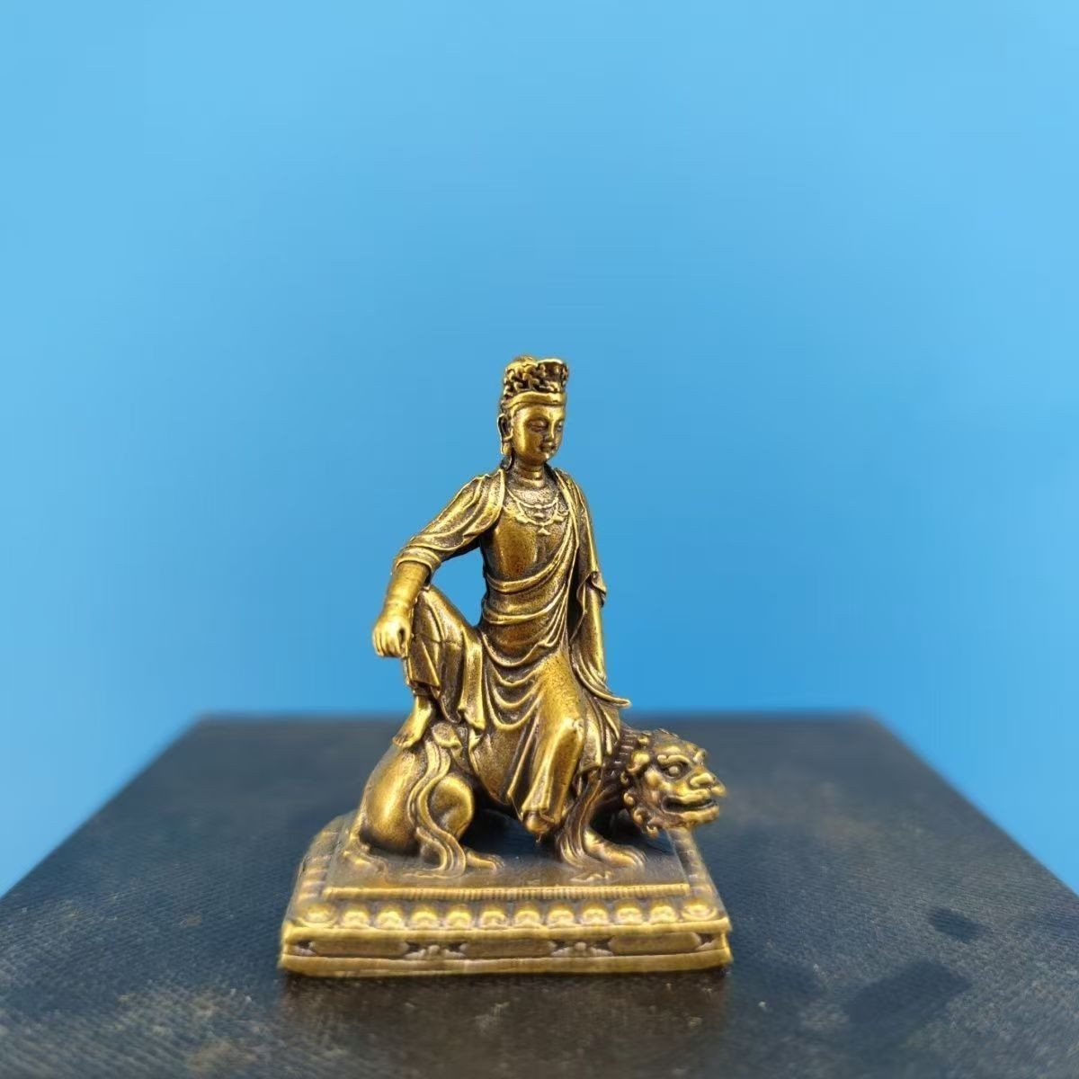 Solid Brass Manjushri Buddha Statue on Lion - Mini Buddhist Figurine