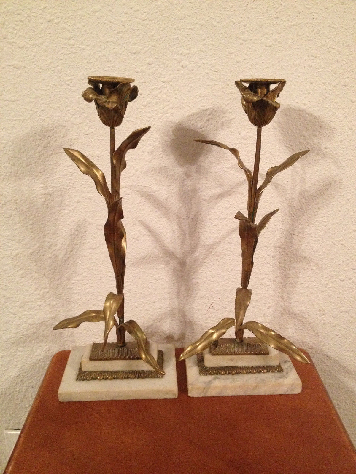 Vintage Pair Tall Gilt Metal & Marble Candle Stick Holders w/ Floral Decoration 