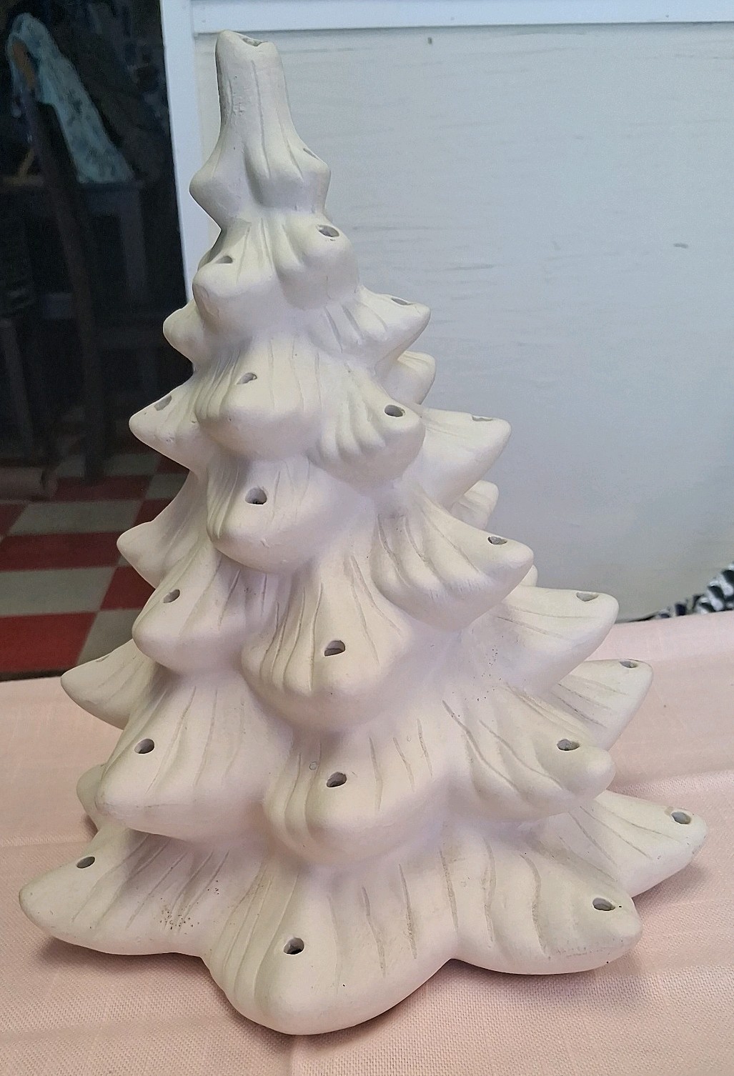 Vintage Unglazed Christmas Tree With Holes For Light Bulbs 10 inches unpainted 