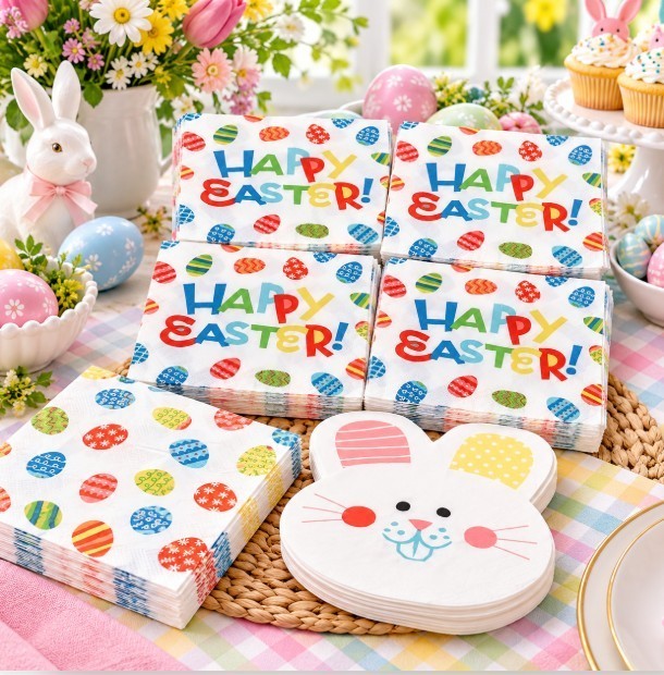 Bundle of 5 Packs Easter Party Napkins|Happy Easter & Bunny Designs|3-Ply Disp.