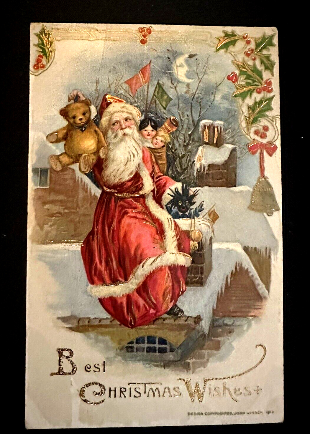 Santa Claus on Roof  with Teddy Bear Toys Holly~ WINSCH Christmas Postcard~k176