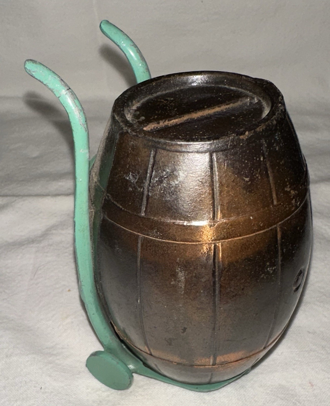 Vintage Copper Toned Beer Barrel On Hand Dolly Still Bank 4.5” H - VGC