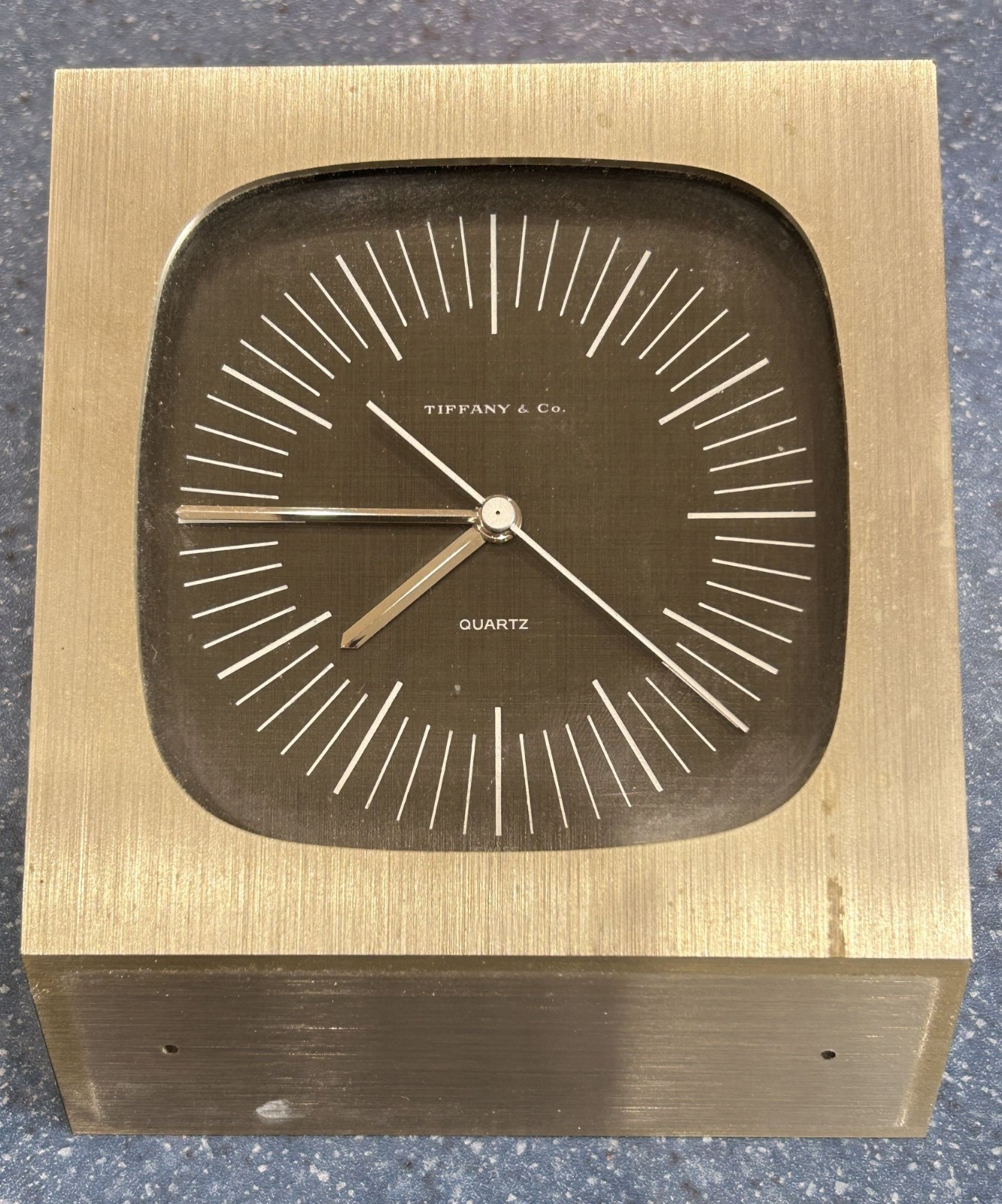 Vtg MCM Tiffany & Co Brushed Nickel Quartz Presentation Desk Clock 4.5X 5.5x2.5\
