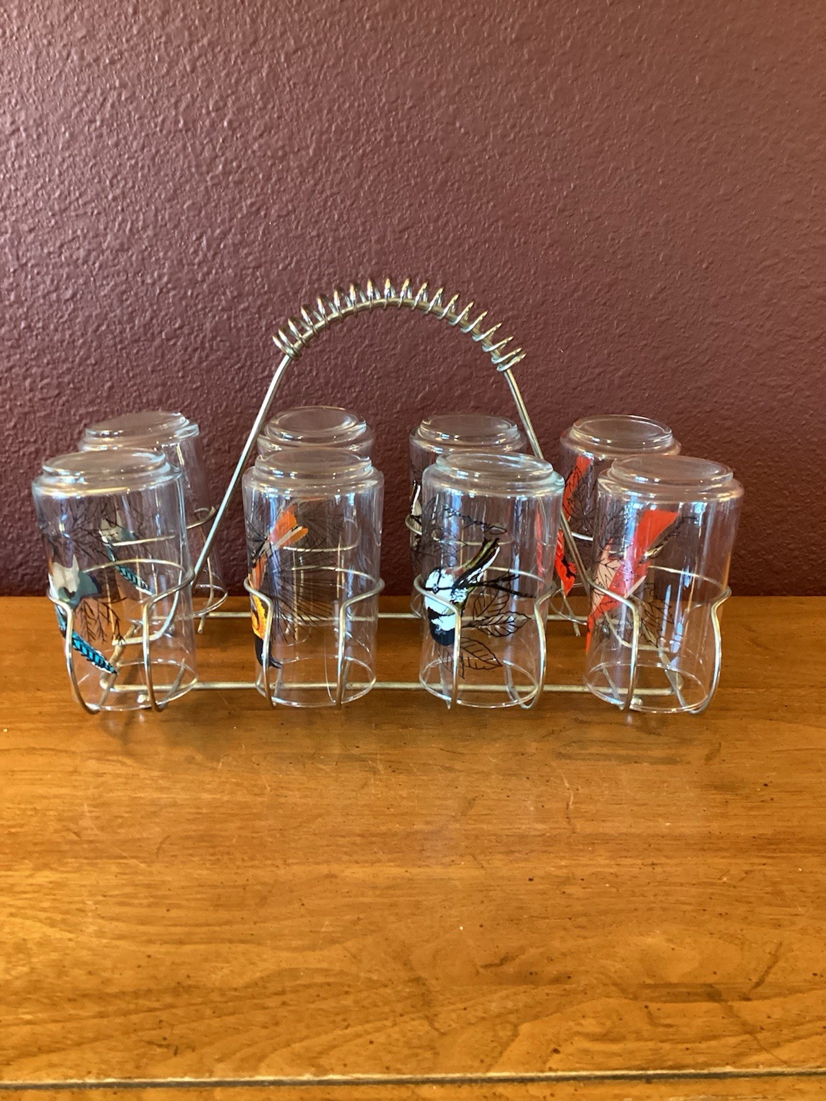 Anchor Hocking MCM Bird Motif Tumbler Set With Metal Wire Carry Caddy