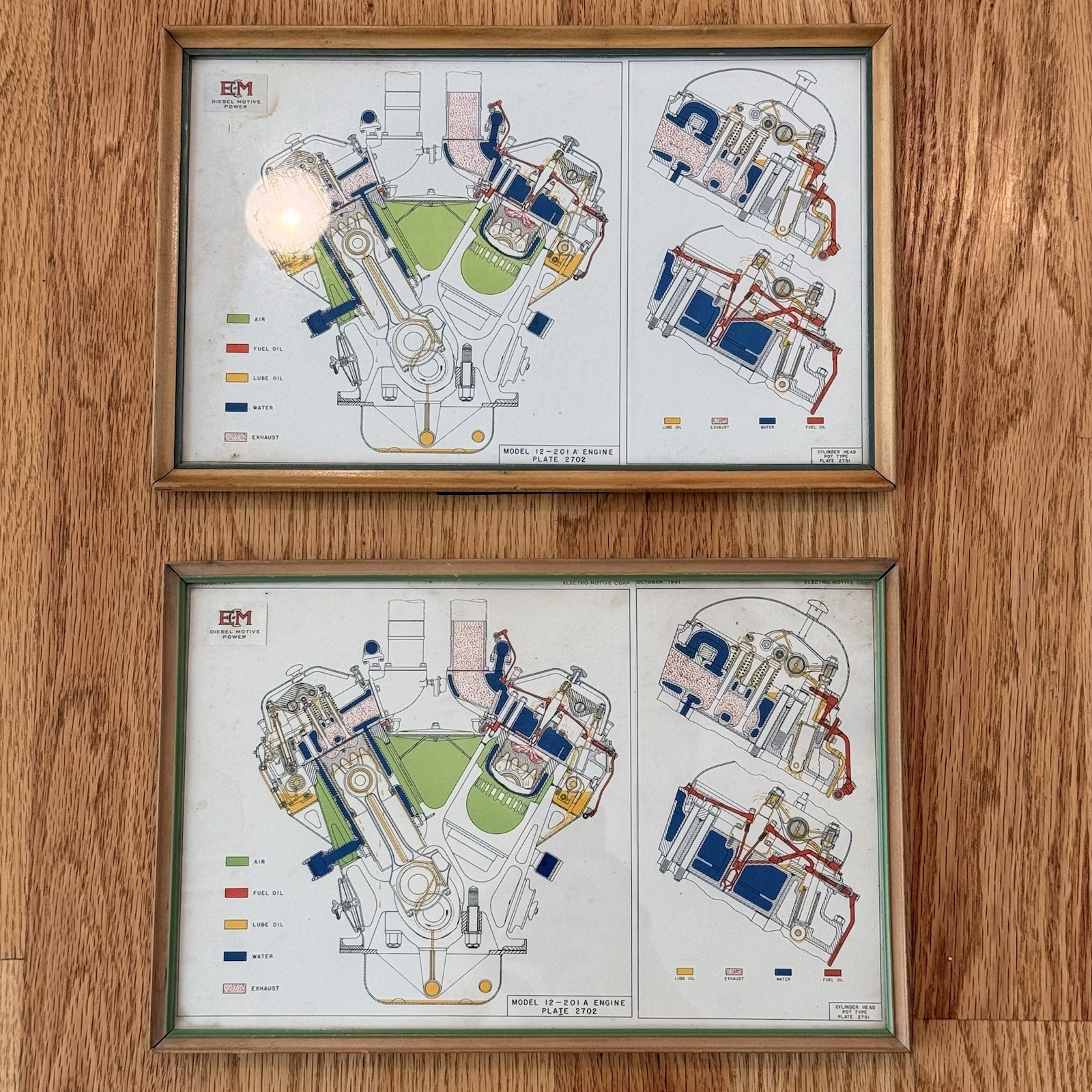 Vintage E-M Diesel Motive Power 12-201A Engine Diagrams Framed Pair Railroad
