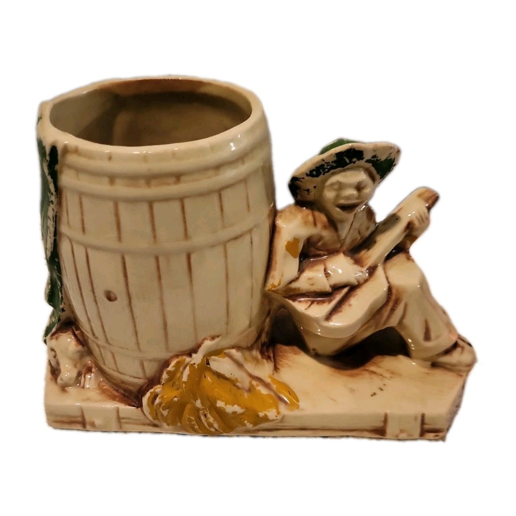 Vintage McCoy Pottery Calypso Line Man & Dog Banana Barrel Planter 5x7”