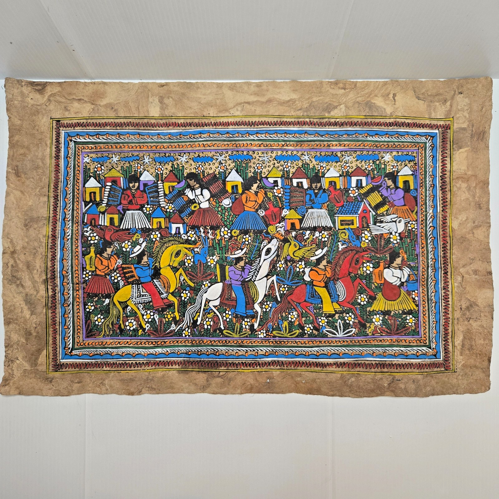 Mexican Folk Art Amate Bark Painting Village Festival Scene 23x15 Vibrant Color