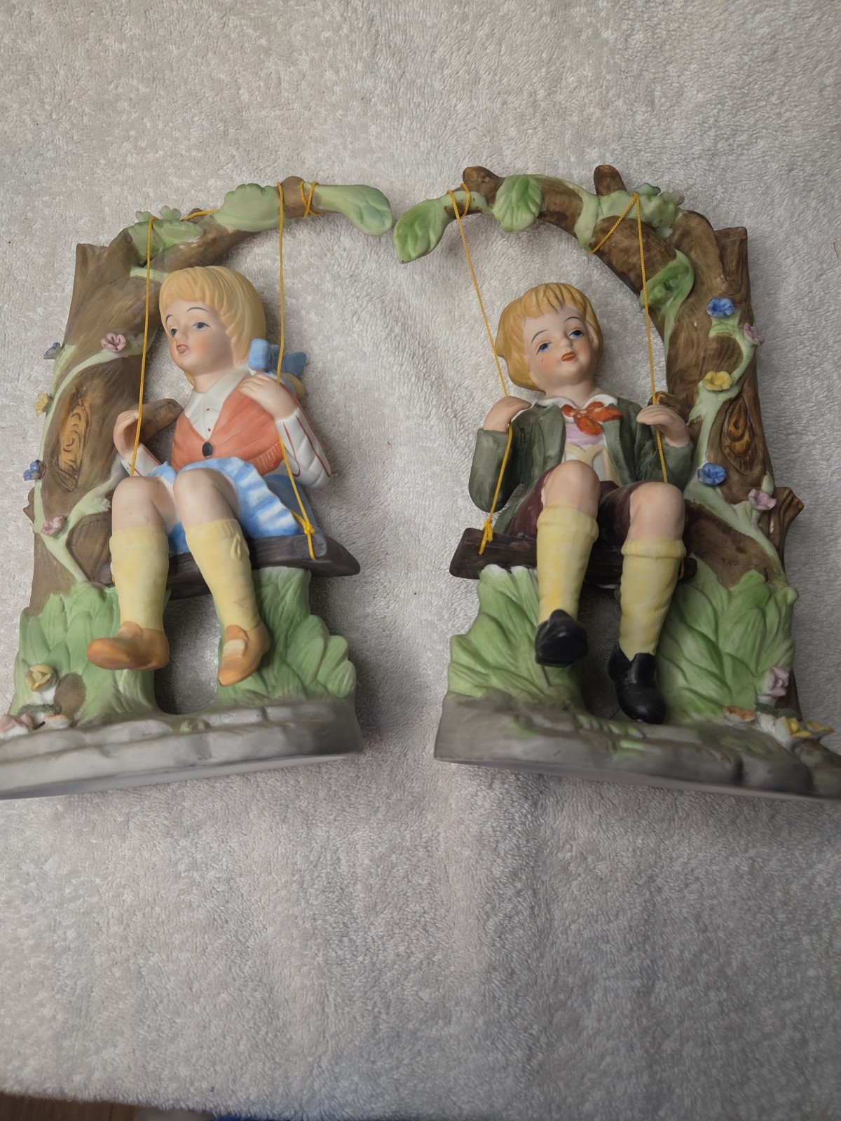 Vintage Lenwile Ardalt Porcelain Boy and Girl on Tree Swing Figurines Pair 9”