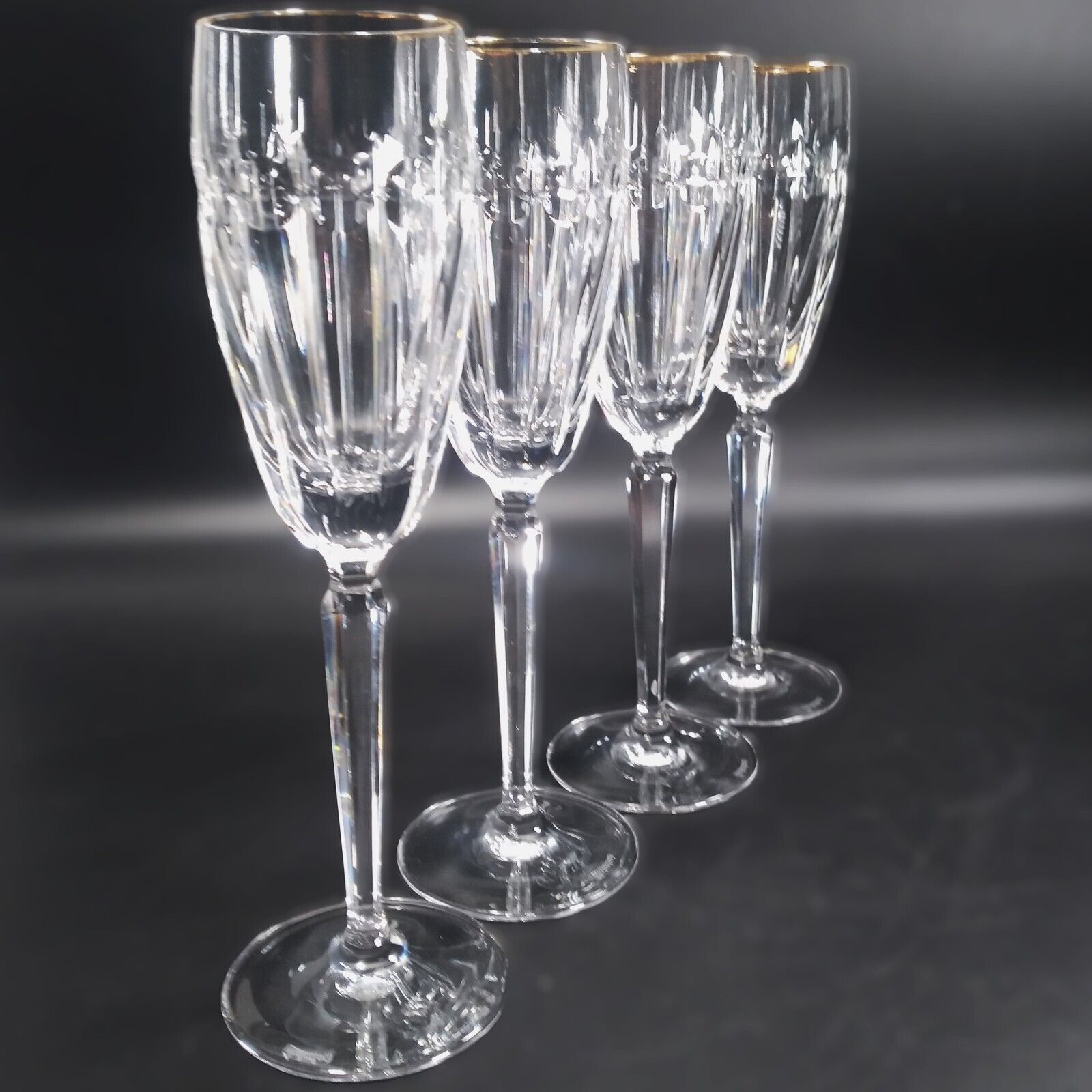 4 WATERFORD Crystal GRENVILLE GOLD Champagne Flutes Vertical Cut -Faded Gold Rim