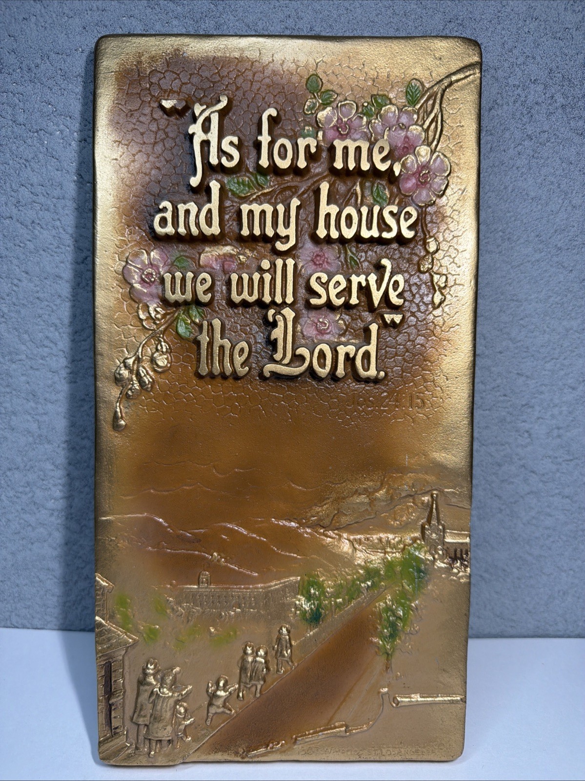 Vtg 1907 A.E. Mitchell Art Co Jos 24:15 Cast Metal Wall Plaque Religious 11 1/4”