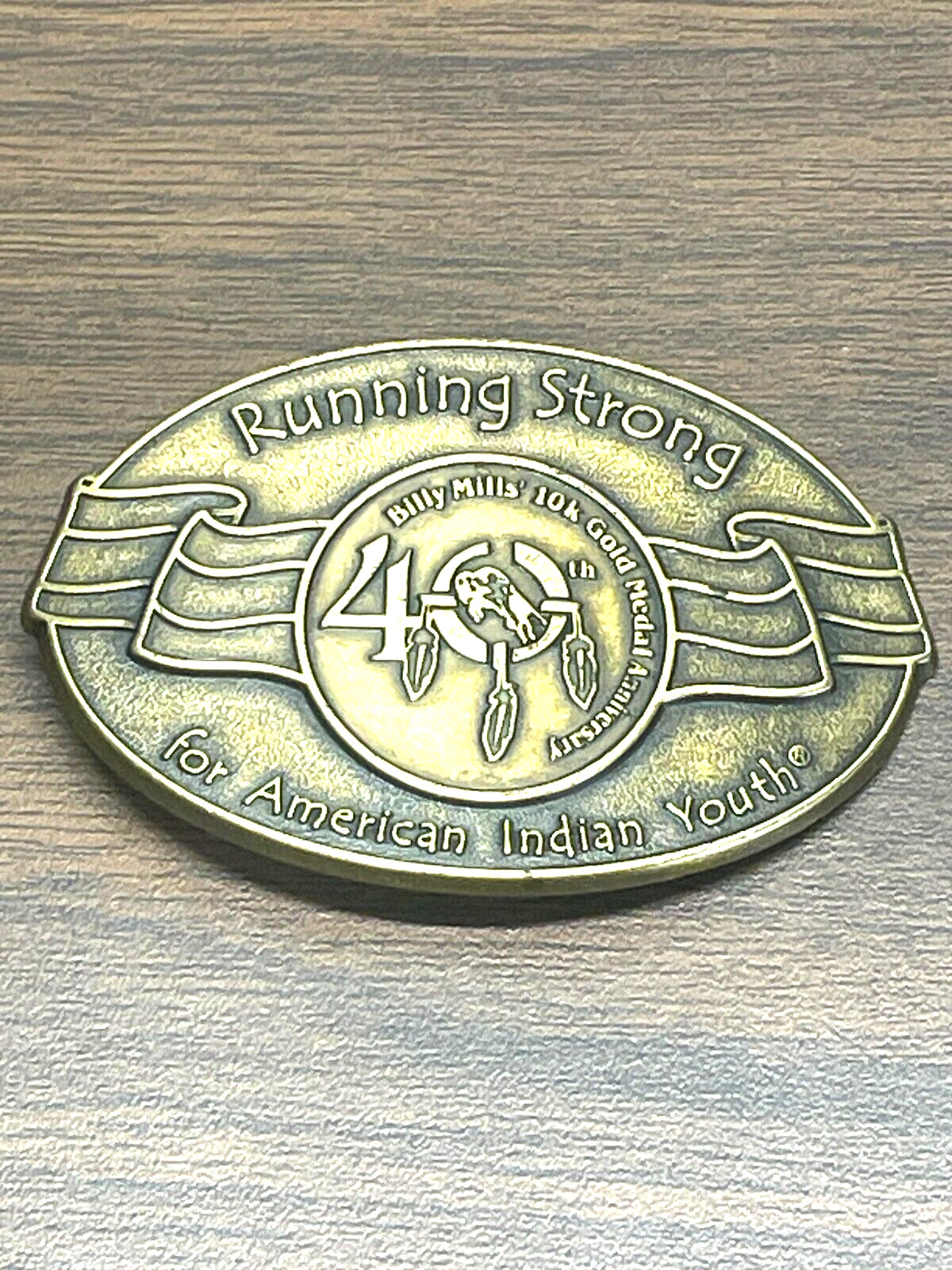 40 Years Native American Indian Youth Running Strong Brass Belt Buckle USA