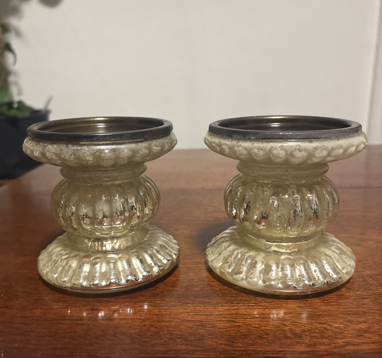 Set of 2 Pottery Barn Antique Mercury Glass 4”Pillar Candle Holder Stands