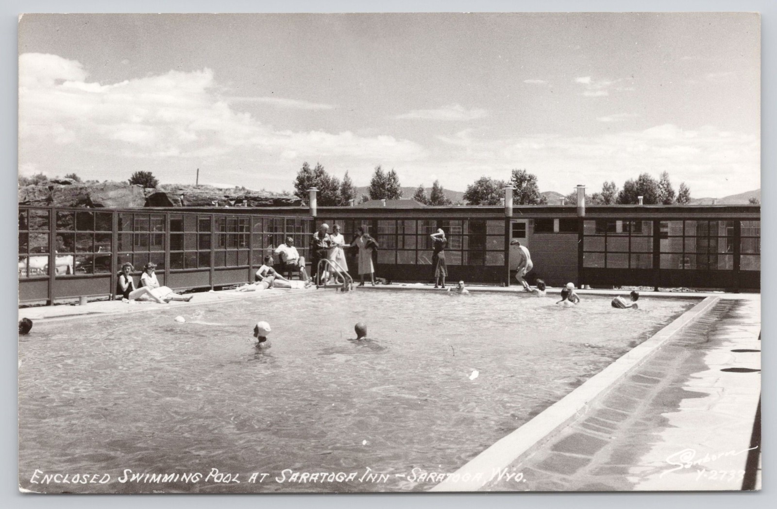 Wyoming WY Saratoga Inn Enclosed Swimming Pool Swimmers RPPC Real Photo Postcard