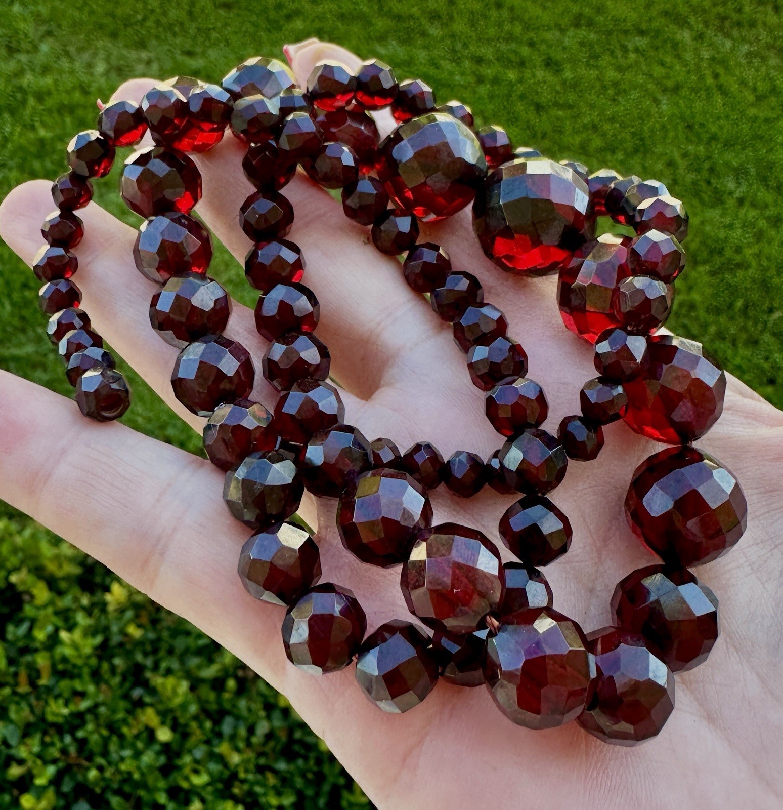 Vintage Cherry Amber Bakelite Faceted Bead Necklace Simichrome Tested 50g 28”