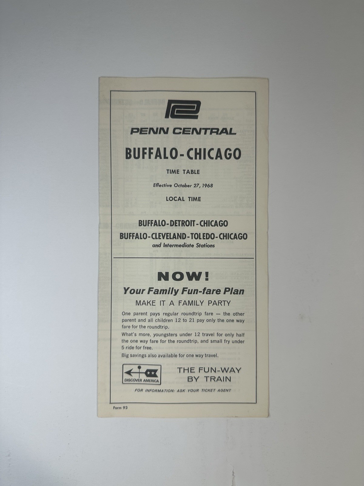 Vintage 1968 Penn Central Railroad Form 93 Timetable Buffalo Chicago MINT