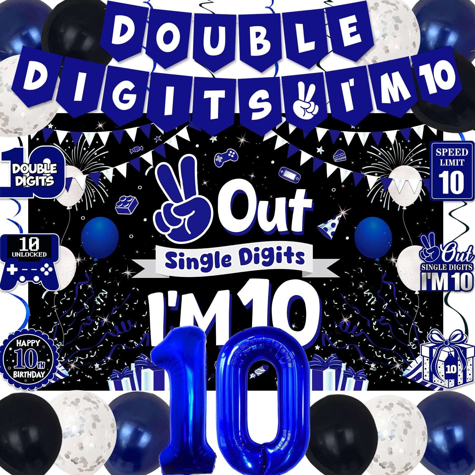 10th Birthday Decorations for Boys, Blue Black Double Digits I\'m 10 Banner | ...