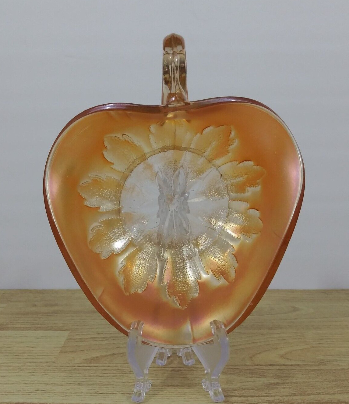 Vintage DUGAN Marigold Carnival Glass Leaf Rays Pattern Handled Nappy Dish