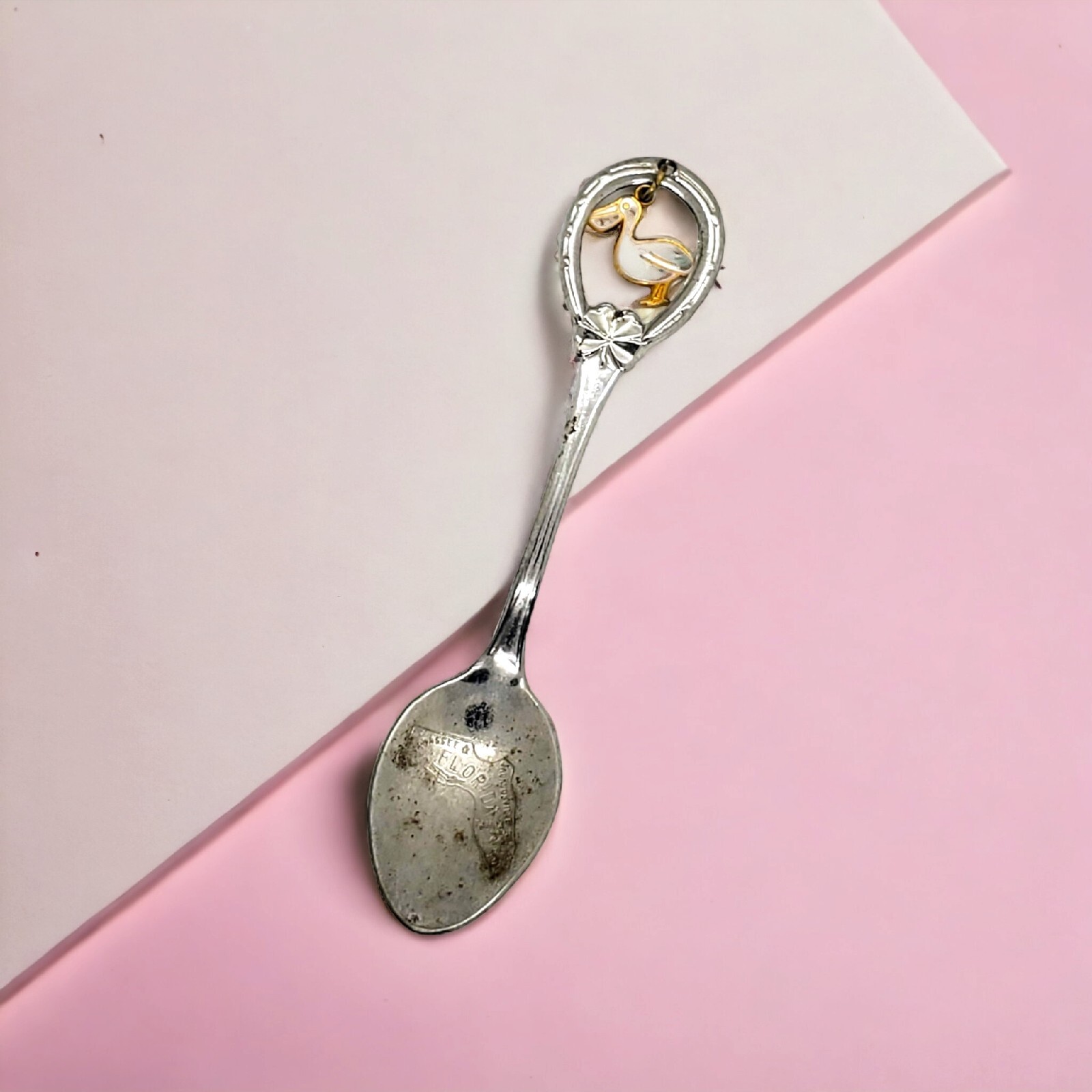 Vintage Florida Souvenir Spoon Pelican Horseshoe Four Leaf Clover Lucky Charm