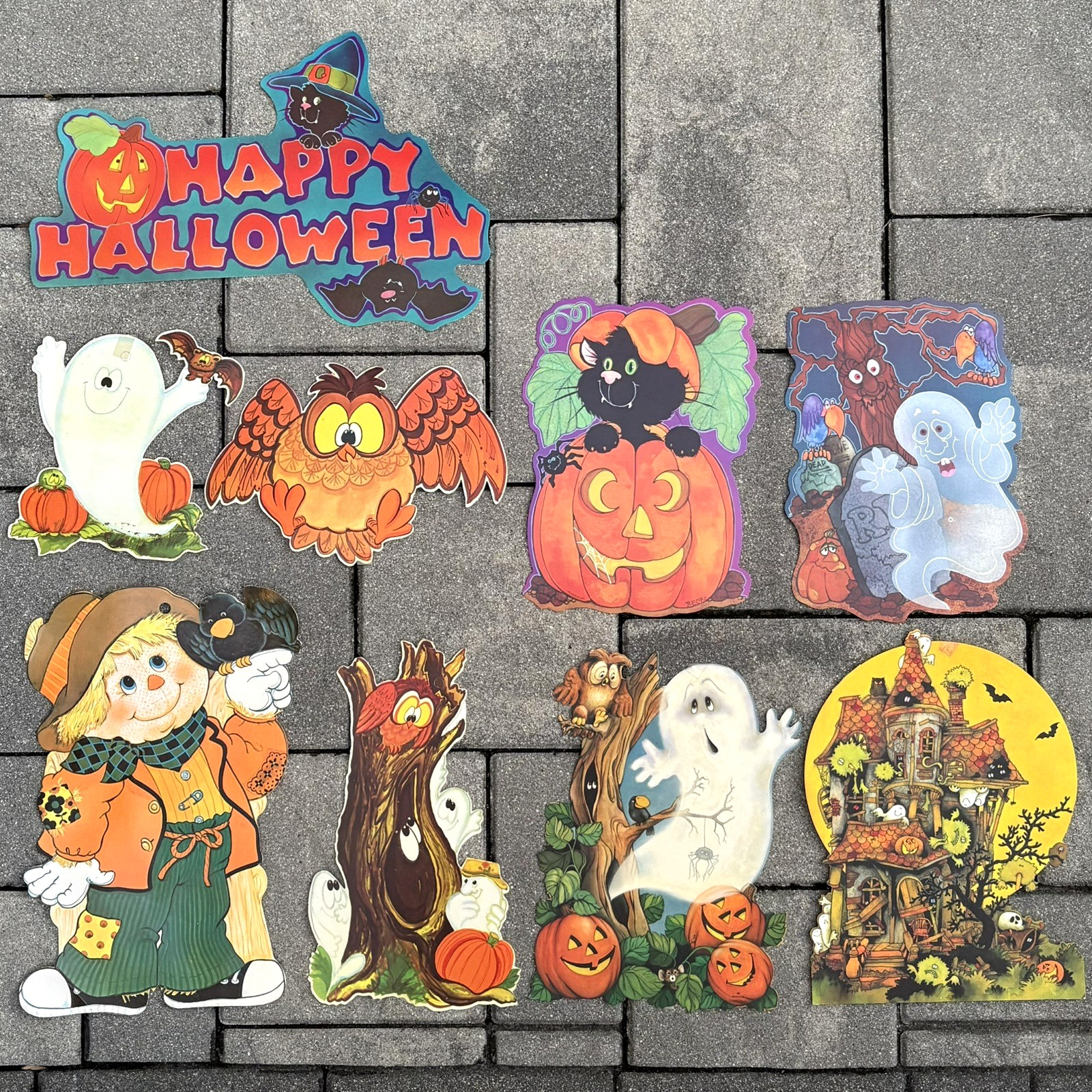 Vtg 80s Hallmark Current + Halloween 9 Die Cut Lot Wall Decor Ghost Cat JOL Owl