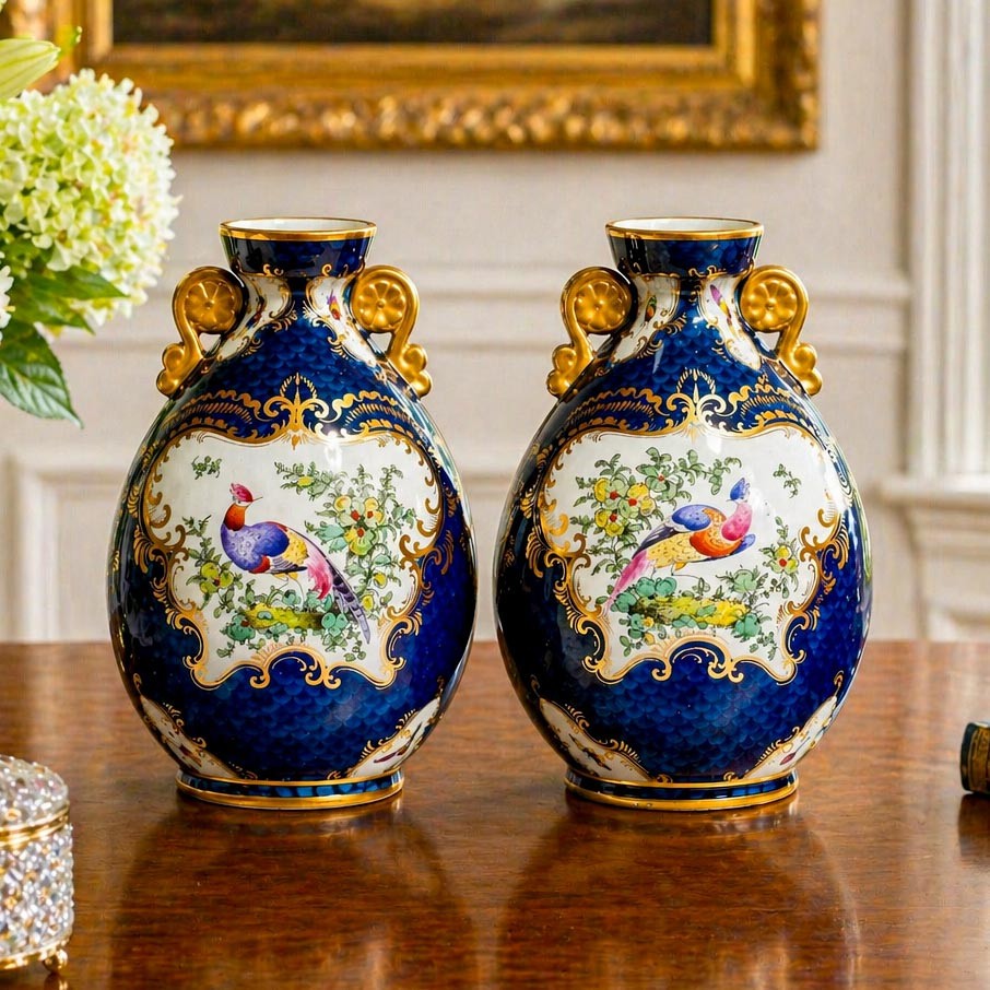 Nice Pair Blue Gold English Royal Worcester Porcelain Antique Victorian Vases