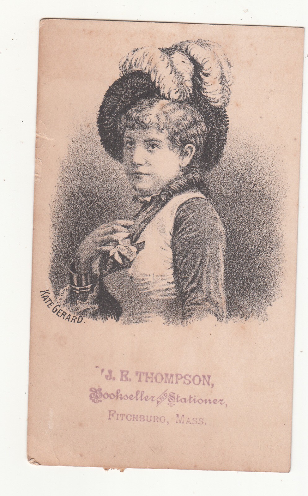 J R Thompson Bookseller Stationer Fitchburg MA KATE GERARD Plume Card c1880s
