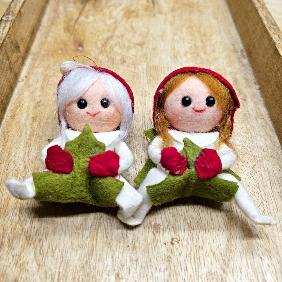 VTG Set of Two Felt Pin Eye Christmas Elves Pixies with Leaf Made In Japan