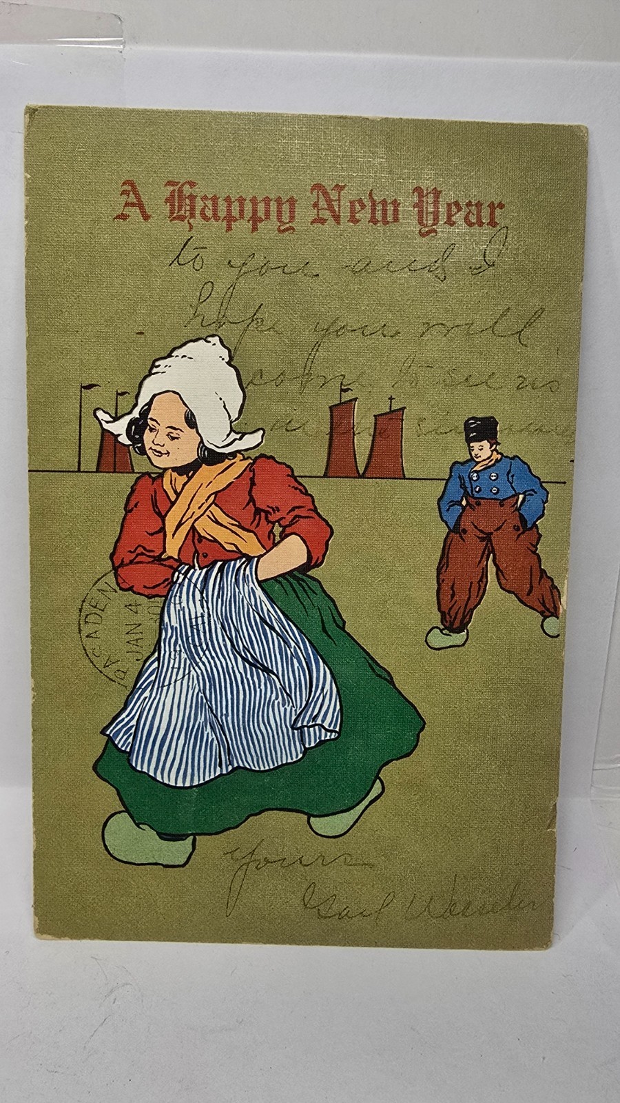 Vintage 1906 Postcard A HAPPY NEW YEAR Rockport Indiana IN Dutch Children