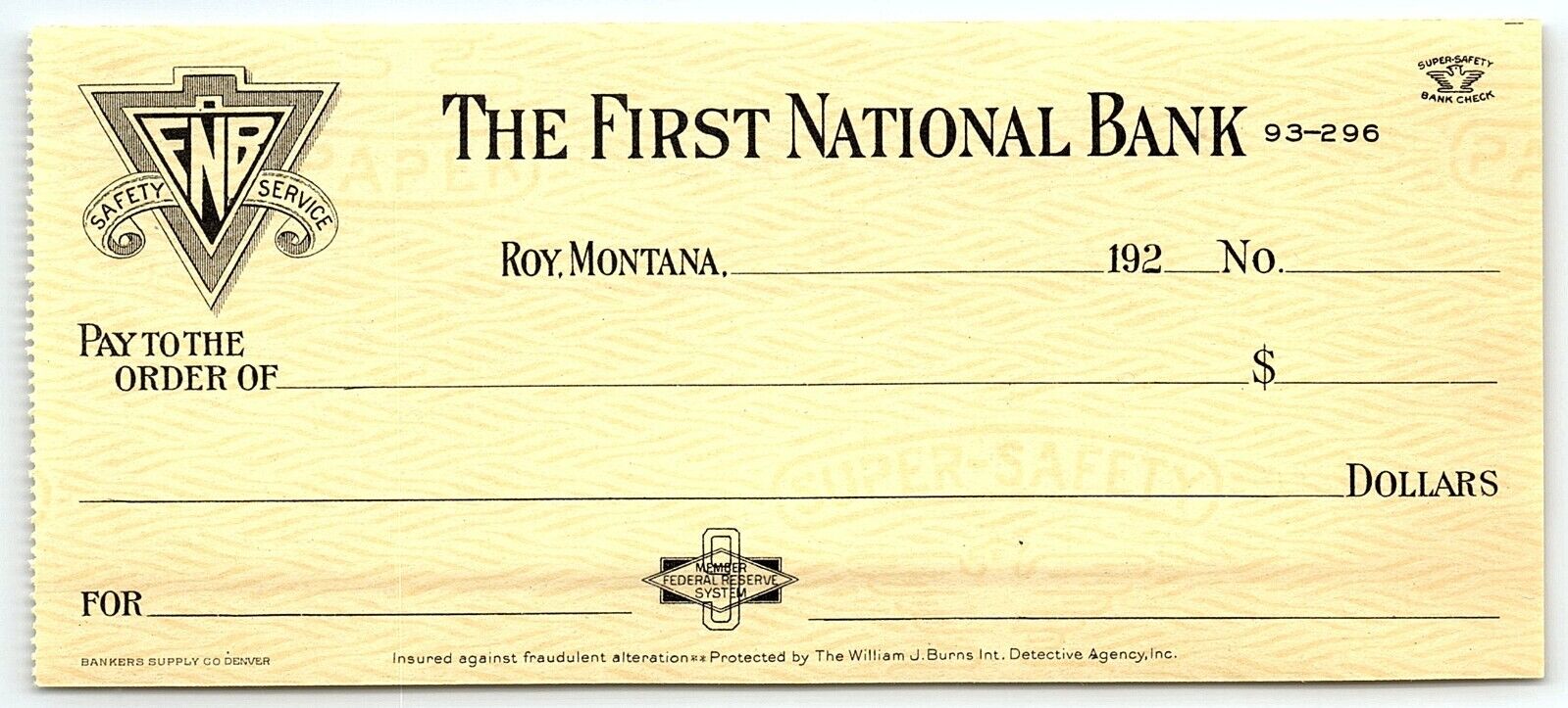 1920s ROY MONTANA  THE FIRST NATIONAL BANK  BLANK CHECK Z1585