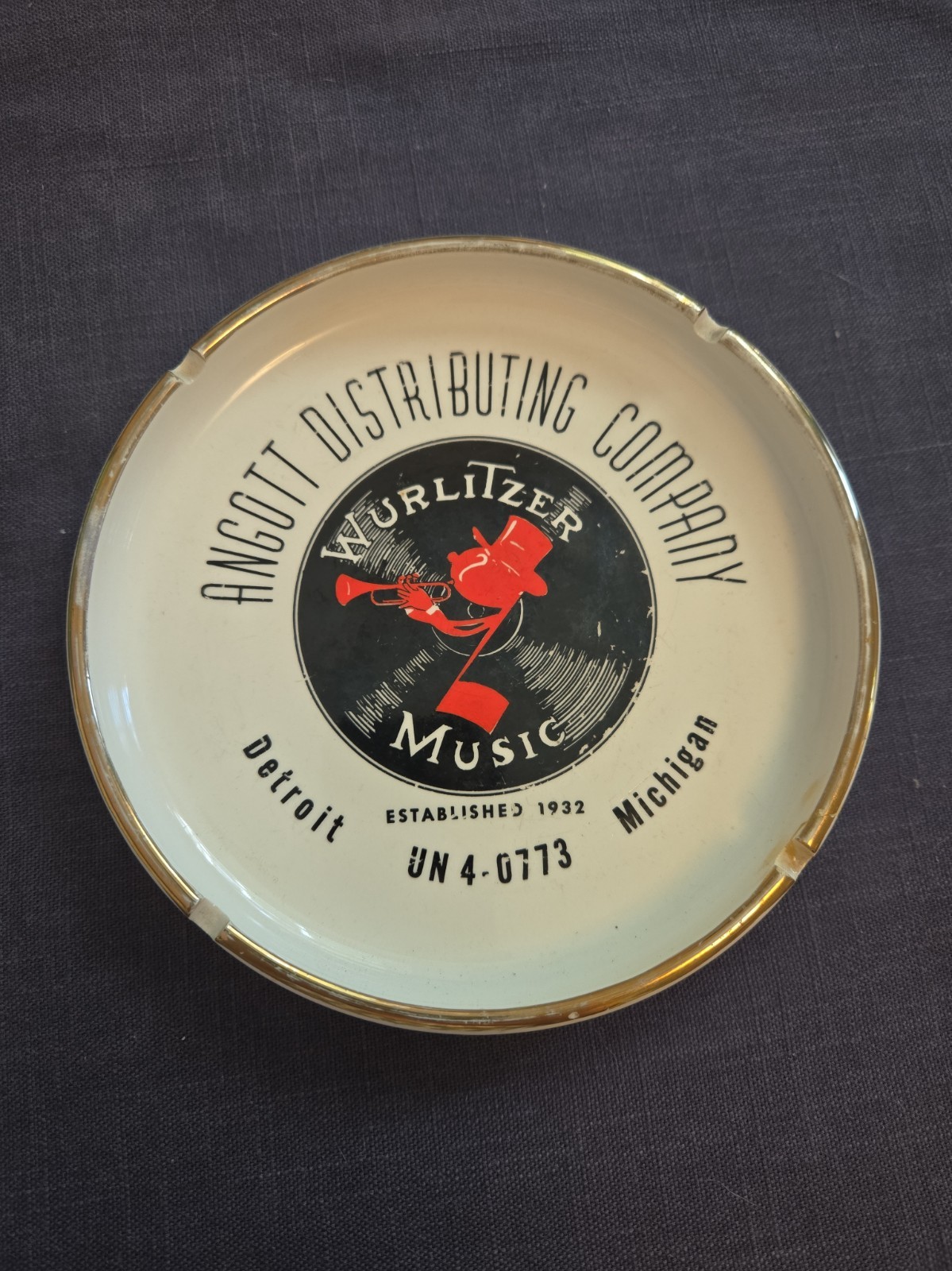 vintage advertising ash tray Angott Distributing Wurlitzer music Detroit MI vintage advertising ash tray Angott Distributing Wurlitzer music Detroit MI