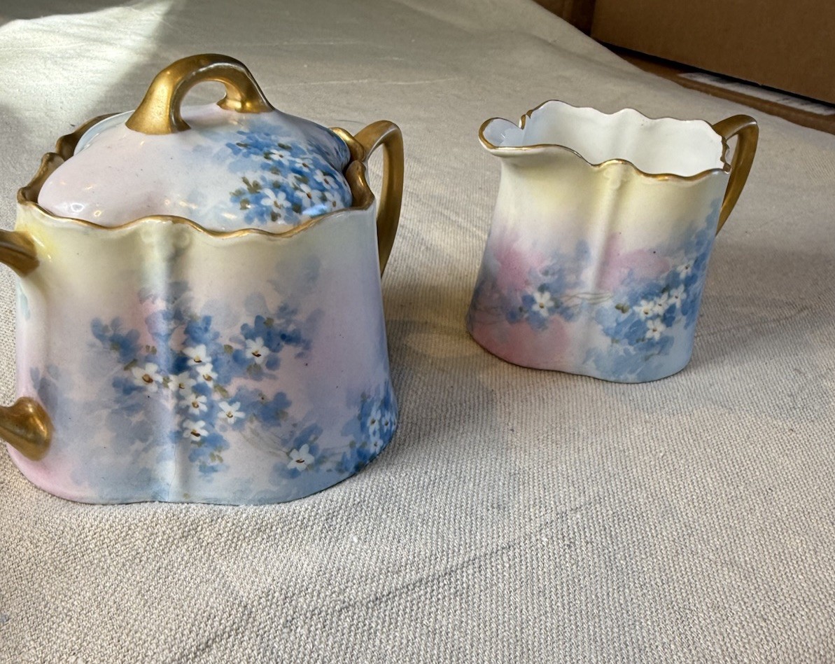 Antique KPM Germany Porcelain Sugar Bowl Creamer Set Hand Painted Floral Signed