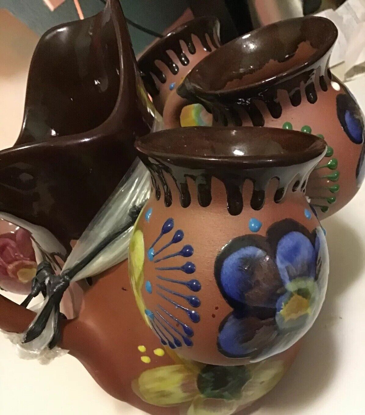 Decorated Clay Pitcher 5 cups  Hand Made BEAUTIFUL New HTF OOAK