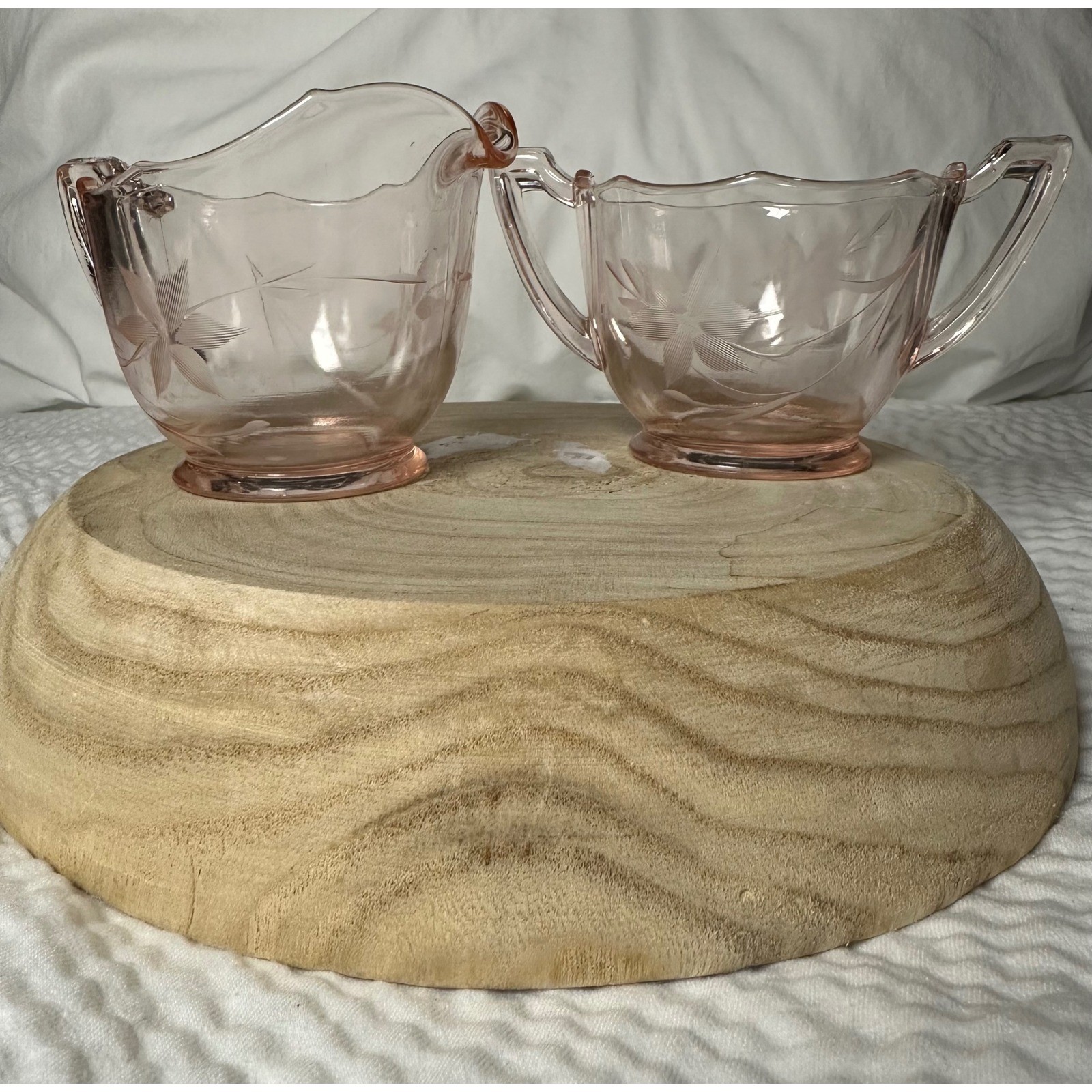 Vintage Pink Depression Glass Creamer and Sugar Set Floral Design