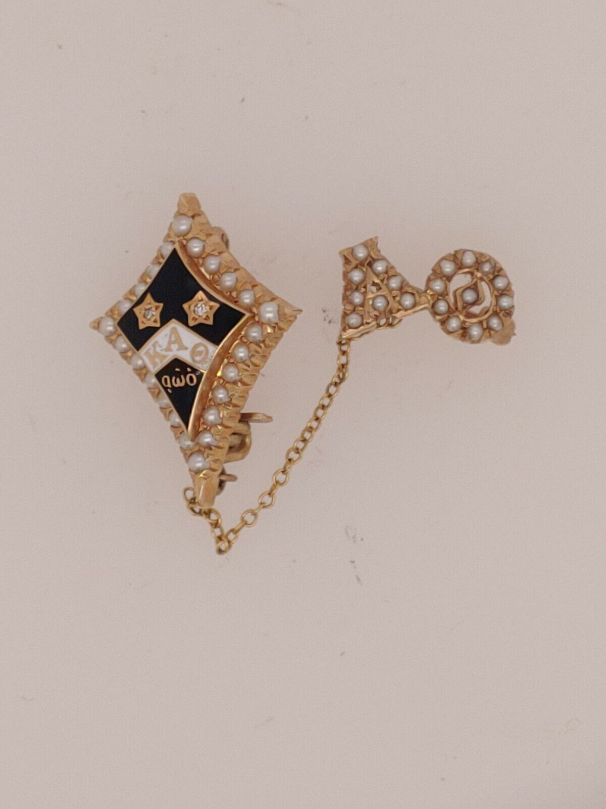 1953 Kappa Alpha Theta 10K Gold Seed Pearl Diamond Sorority Fraternity Pin Badge