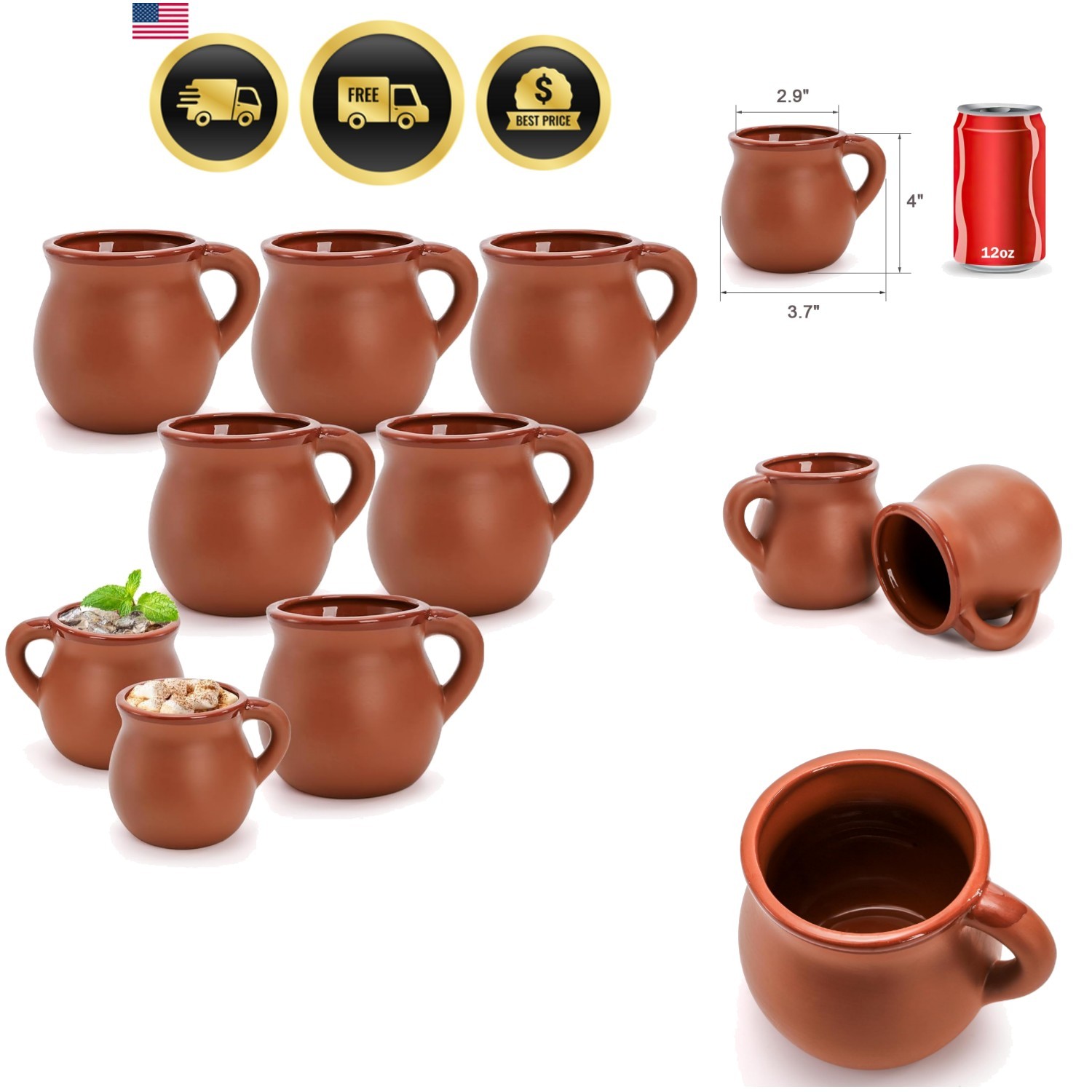 6 Pack Authentic Mexican Clay Mugs - 12 oz Tazas de Barro, Handcrafted Potter...