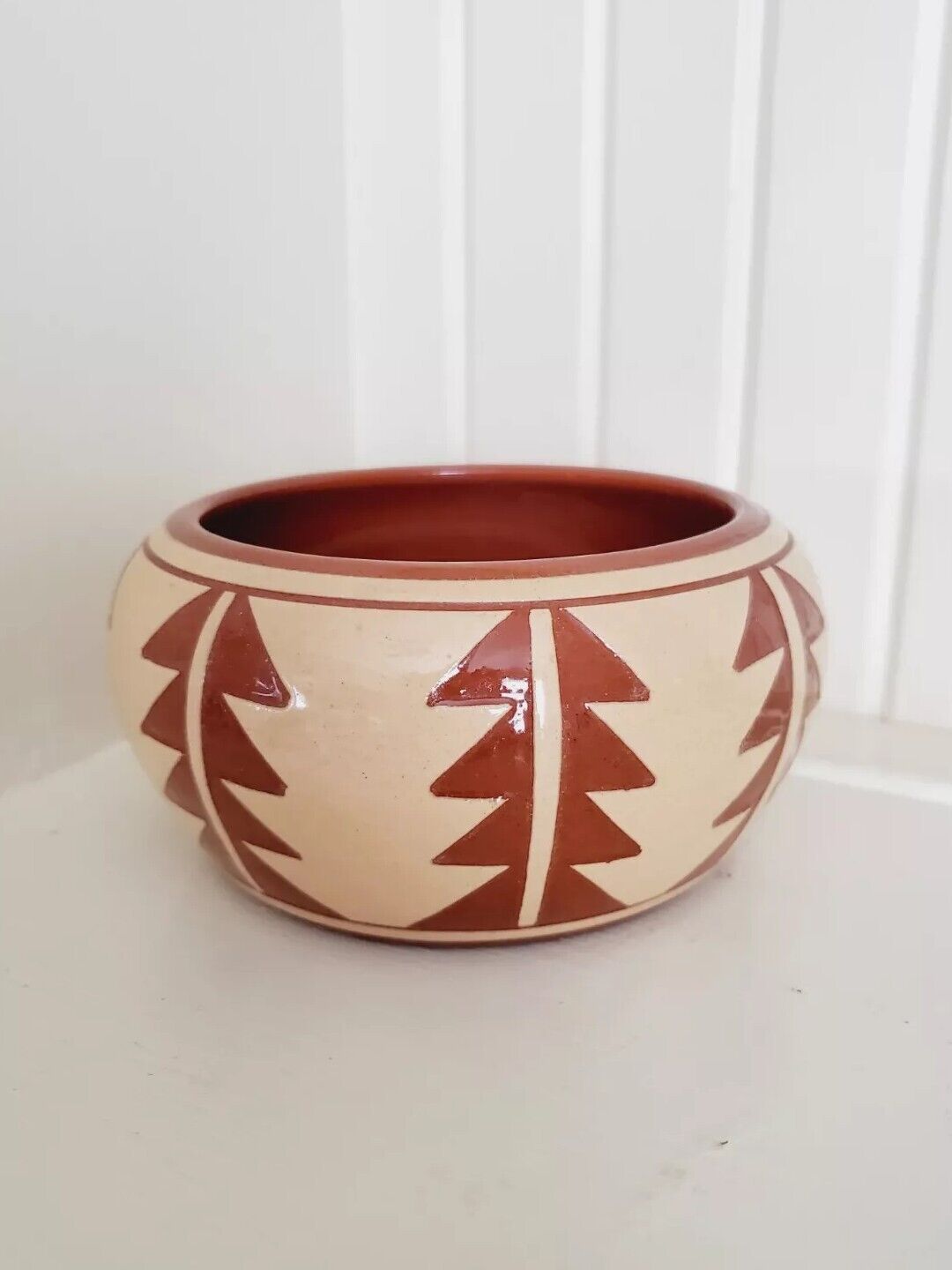 Vintage Pine Ridge Sioux Pottery Small Bowl Signed 1950s Trees Geometric