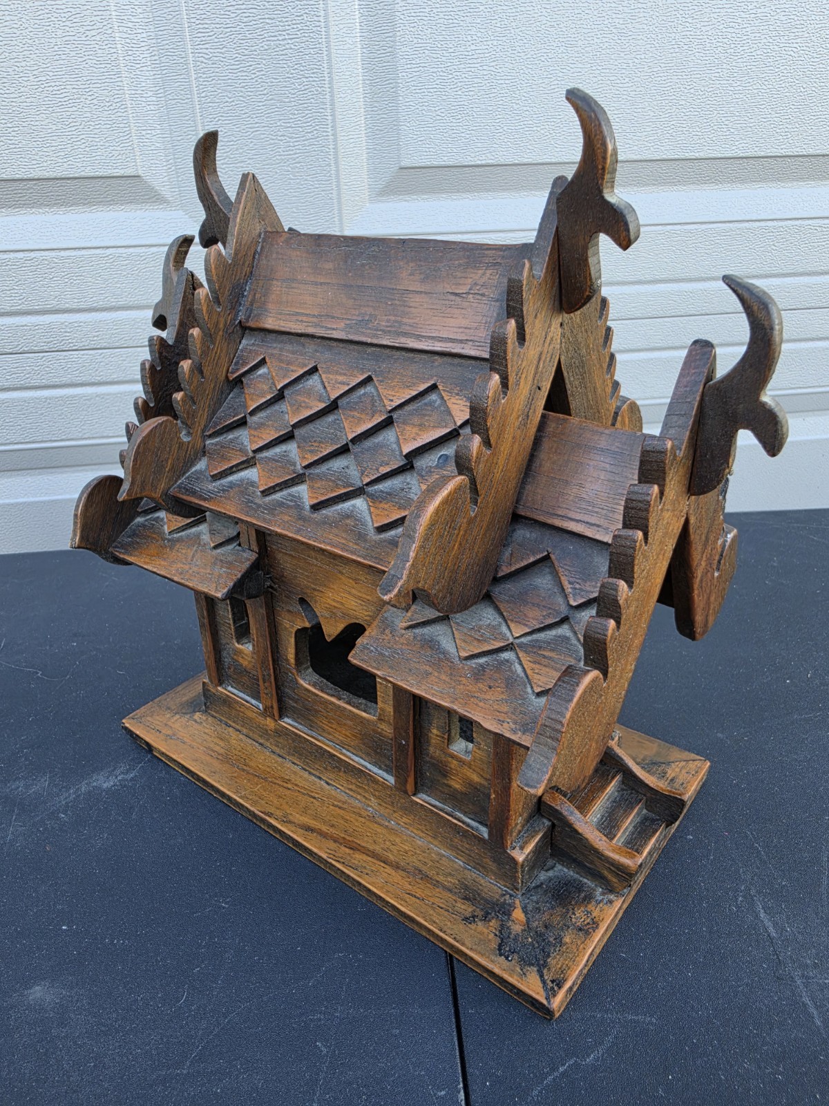 Thai Golden Teak Hand crafted Wooden Thai Spirit House Temple Model Collectible